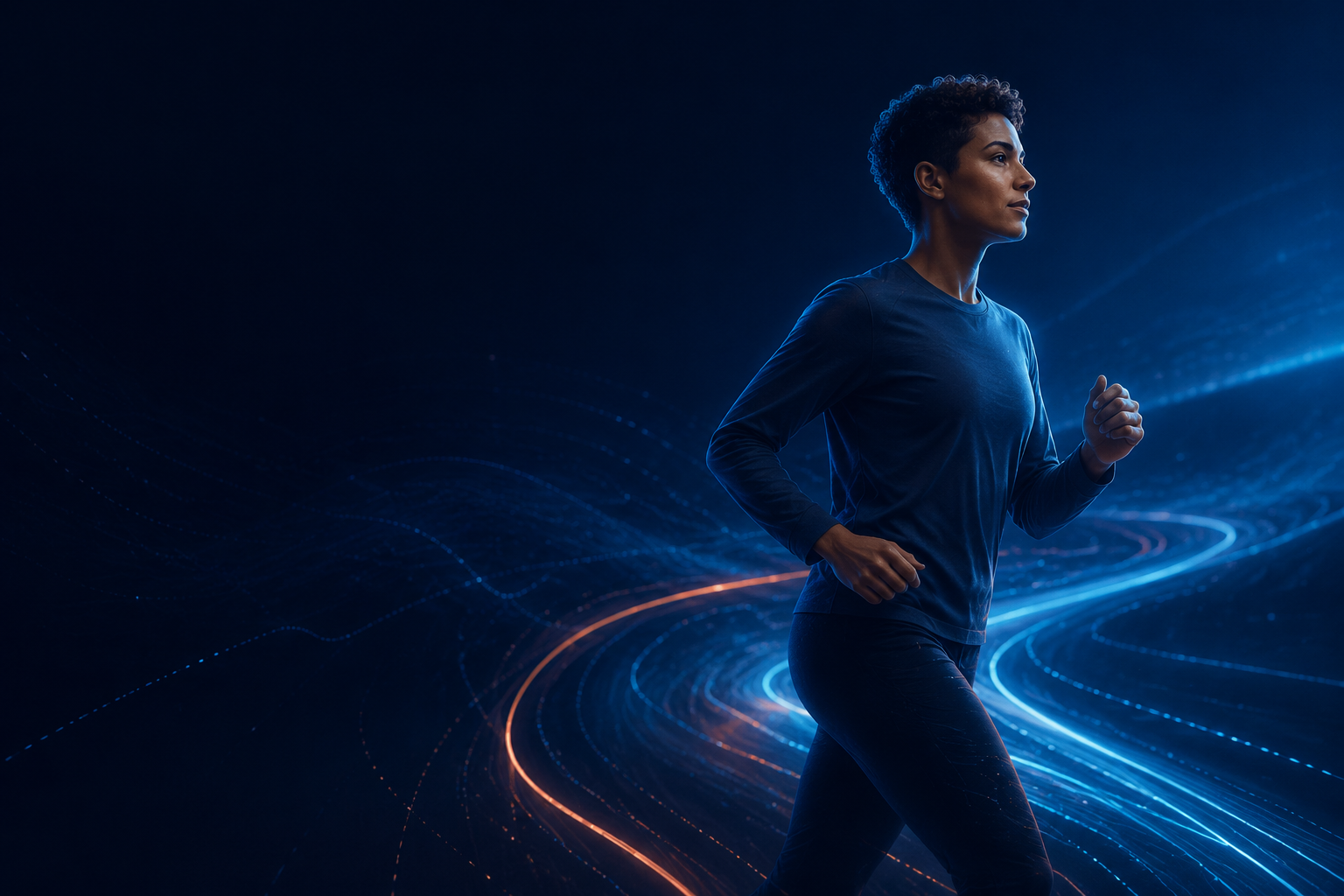 Athlete moving forward through adaptive paths of light